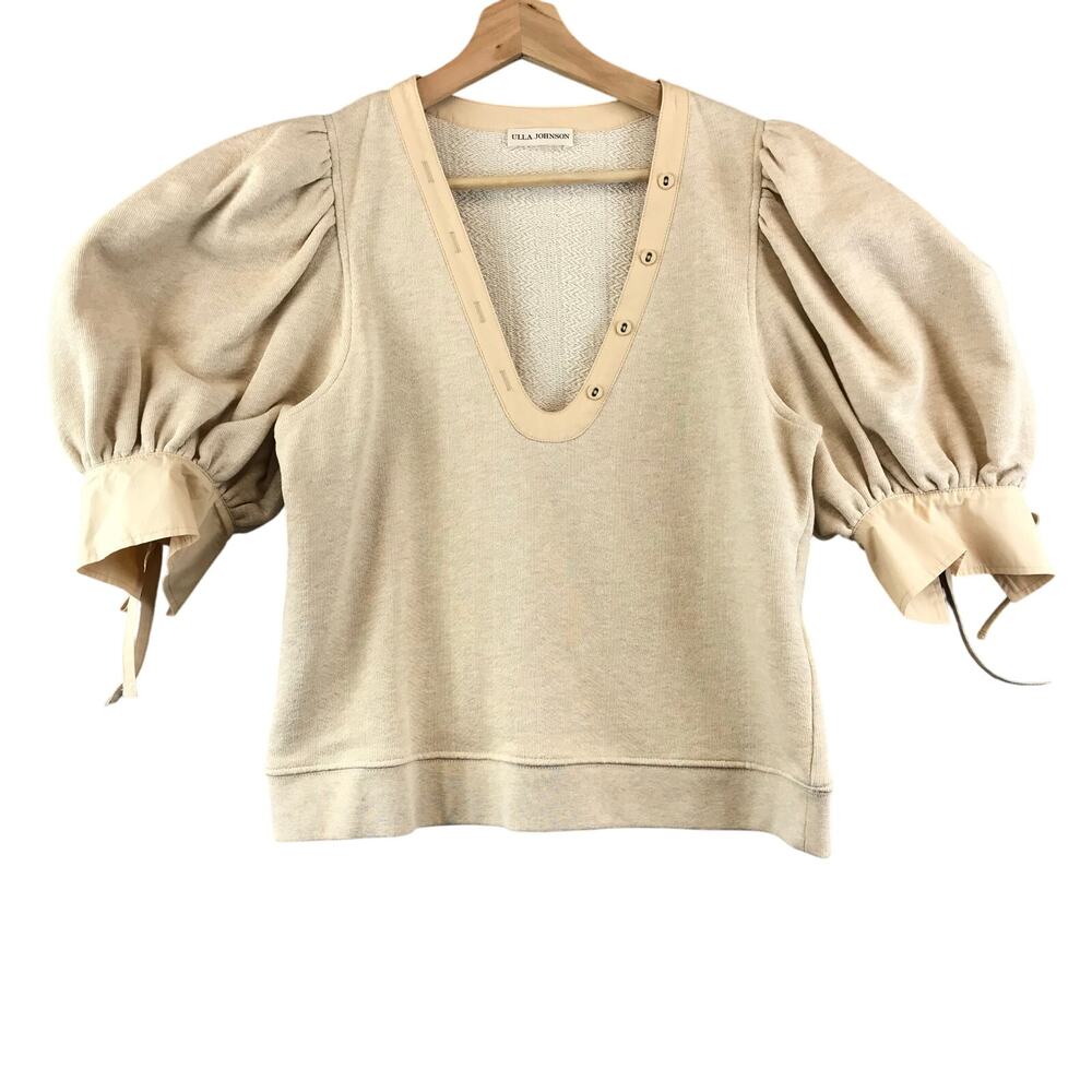 Ulla Johnson Cream Puff-Sleeve V-Neck Sweater